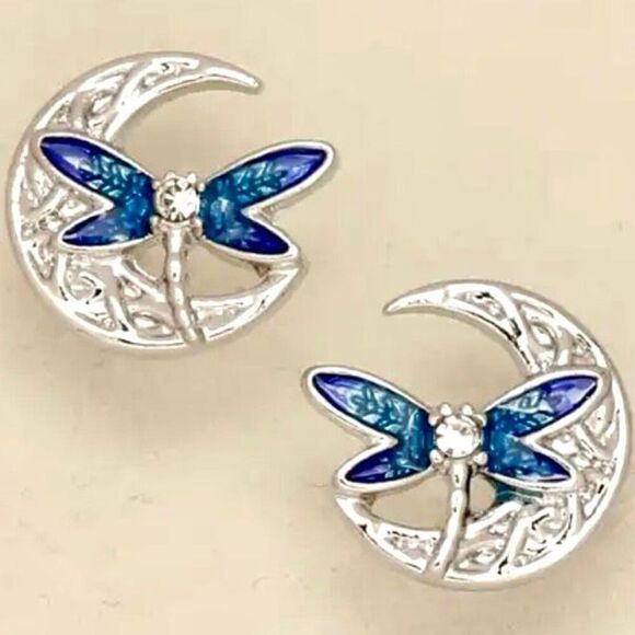 NWT Gorgeous Silver & Blue Bling Blin Dragonfly & Moon Rhinestones Stud earrings - Picture 1 of 8